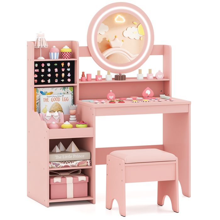 COSTWAY Coiffeuse Enfants avec Tabouret Miroir & Lumières - Étagères Ouvertes 84 x 37 x 107 cm Rose COSTWAY Coiffeuse Enfants avec Tabouret Miroir & Lumières - Étagères Ouvertes 84 x 37 x 107 cm Rose