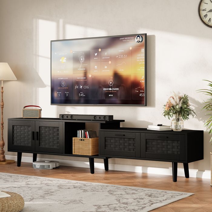 Meuble TV - LUMINARIX - Modulable - Noir - 2 tiroirs - Longueur ajustable - Design naturel