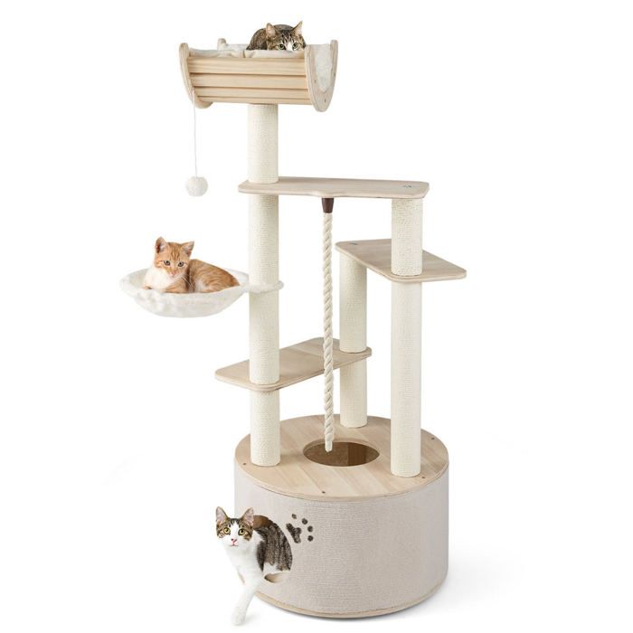 Arbre à chat en bois tours à plusieurs niveaux 55 x 141 cm avec hamac
