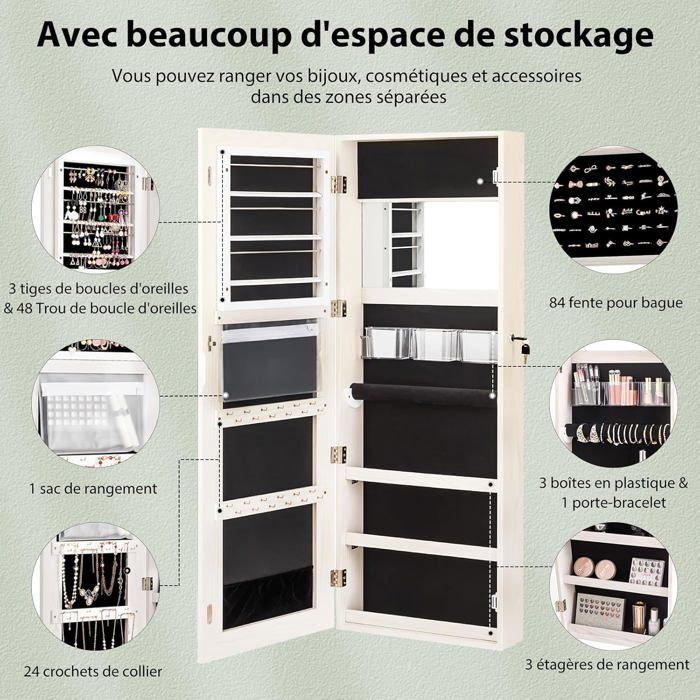 GIANTEX Armoire à Bijoux Murale avec Miroir sans Cadre LED Écran Tactile avec Étagère de Rangement Serrure Miroir Intérieur Blanc