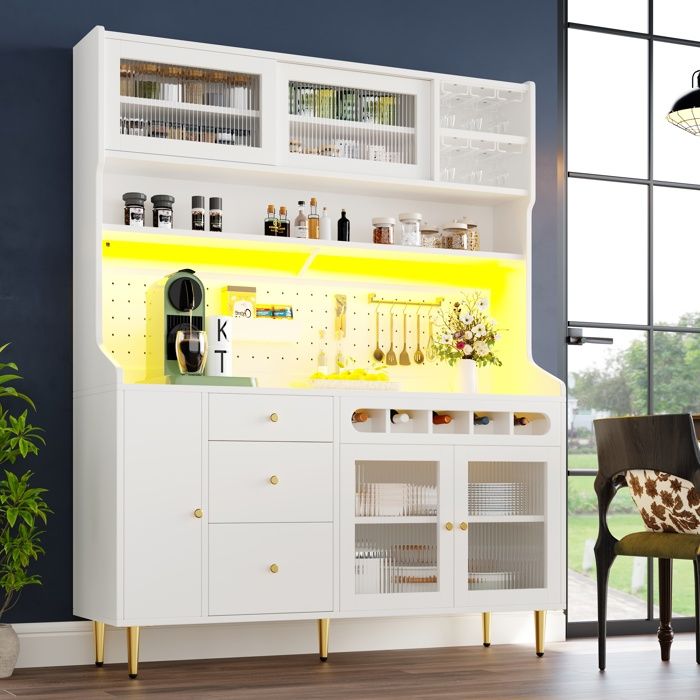 Buffet haute de cuisine 145x39x171 cm avec éclairage LED portes en verre 4 tiroirs et panneau perforé MDF blanc