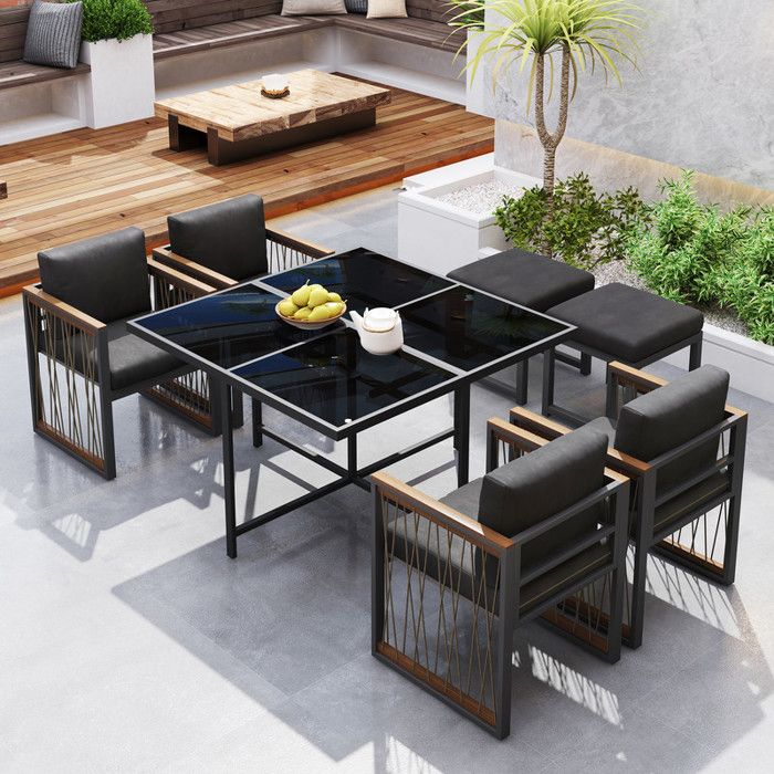 Ensemble de table et chaises extérieur - 7 pièces - Table en verre trempé - 117x117 cm - 6 personnes