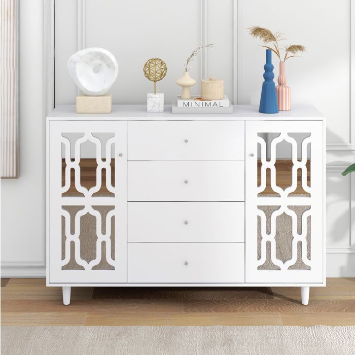 Buffet blanc effet miroir avec poignées cristal 2 portes et 4 tiroirs