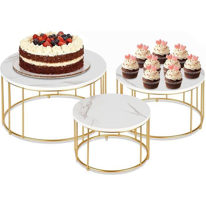 Lot de 3 présentoirs à gâteaux ronds à 3 étages - Doré - Avec pied - Pour mariage anniversaire Noël Nouvel An Marbre