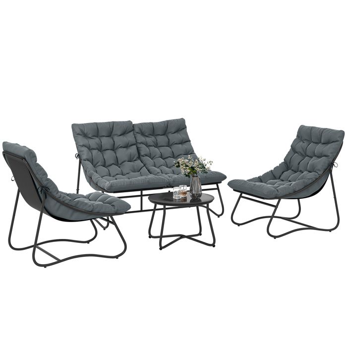 Salon de jardin - ensemble mobilier extérieur - Outsunny - 4 pièces coussins épais 8cm table basse verre trempé - acier - gris