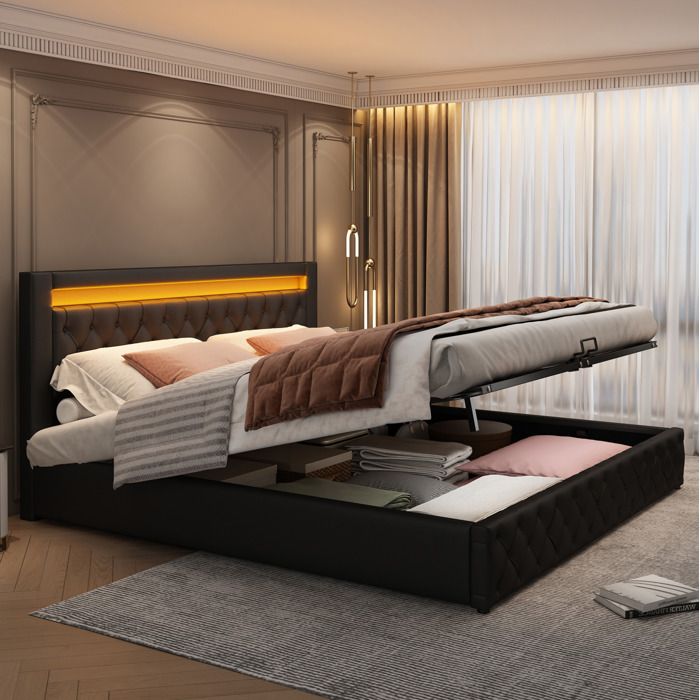 Lit rembourré noir 160 × 200 avec LED coffre de rangement et sommier sans matelas