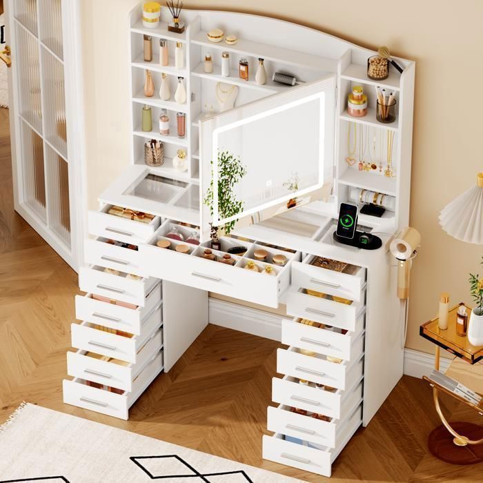 Coiffeuse Grande avec Miroir LED Réglable Prise et Port USB 15 Tiroirs 105X40X140cm，Blanc