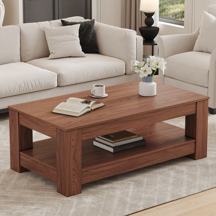 Table basse moderne - Bois de noyer - Design industriel - Double niveau - Gain de place - Surface non toxique