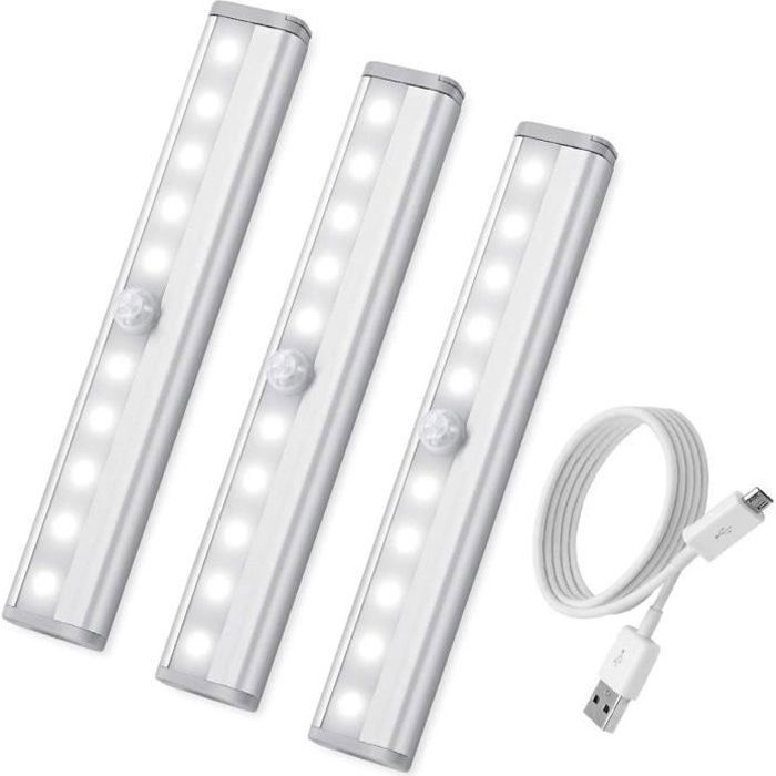 3PCS Lampe Détecteur de Mouvement USB Rechargeable Veilleuse LED pour Cabinet Penderie Cuisine Placard Entrée  ECLAIRAGE DE MEUBLE