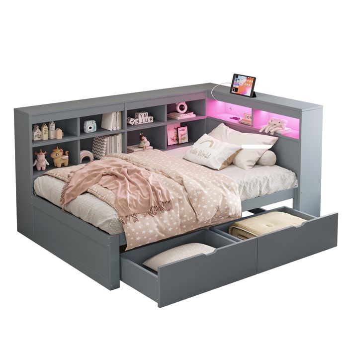 VLIVRA Lit Banquette Lit Simple avec Tiroirs USB LED et Étagères 90×200 cm sans Matelas - en Bois Gris