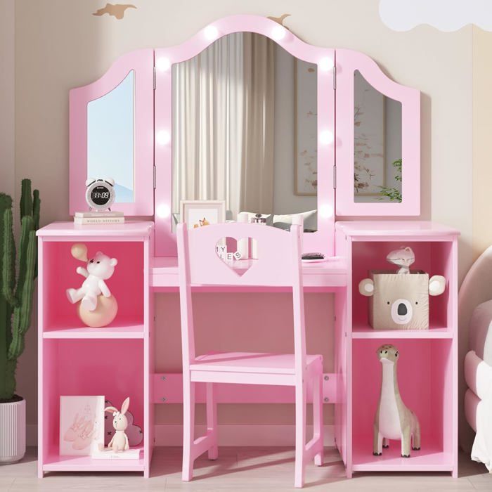 COIFFEUSE-coiffeuse enfant rose avec miroir triple et lumières led ensemble coiffeuse et tabouret en mdf coiffeuse princesse