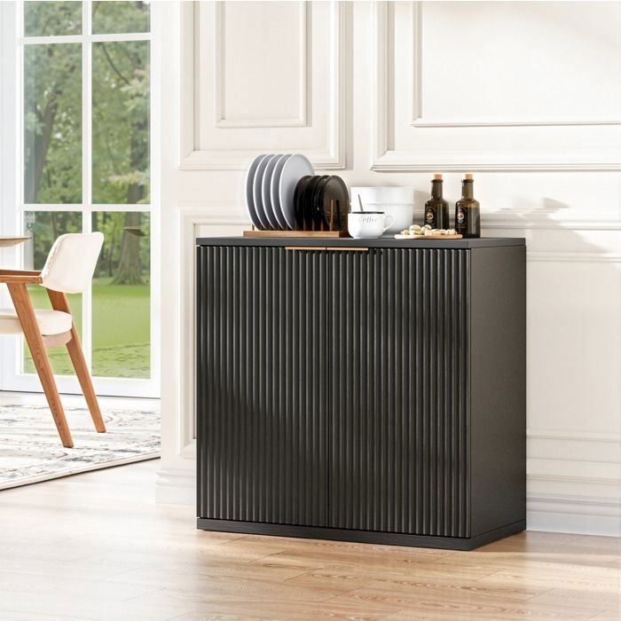 MEUBLIV Buffet bas 2 portes en MDF noir mat façade nervurée 80 x 40 x 80 cm