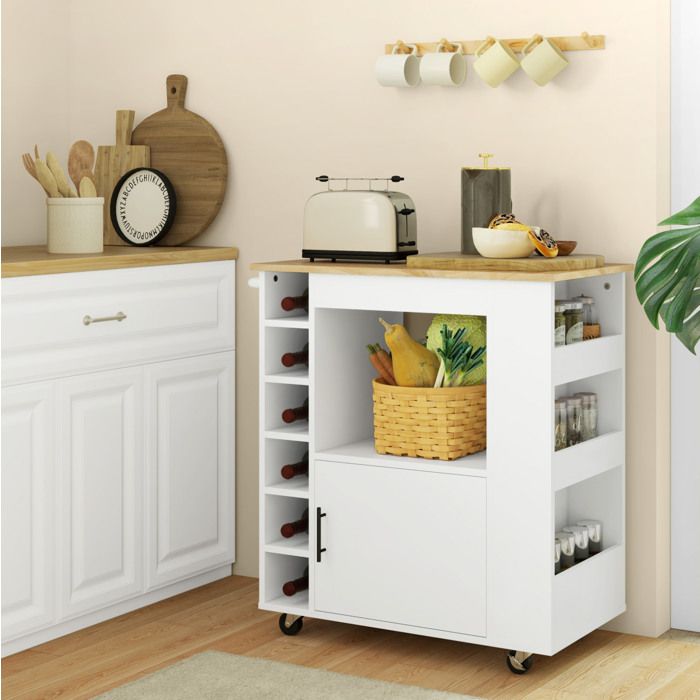 Desserte de Cuisine sur Roulettes avec Plan de Travail 6 Casiers et Placard - BEAUNIV - Blanc 83 × 40 × 83 cm