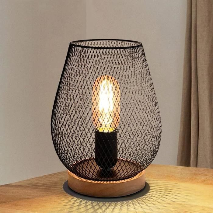 Lampe de chevet moderne avec abat-jour en métal noir- base en bois- pour chambre à coucher- salon- (ampoule E27 incluse)