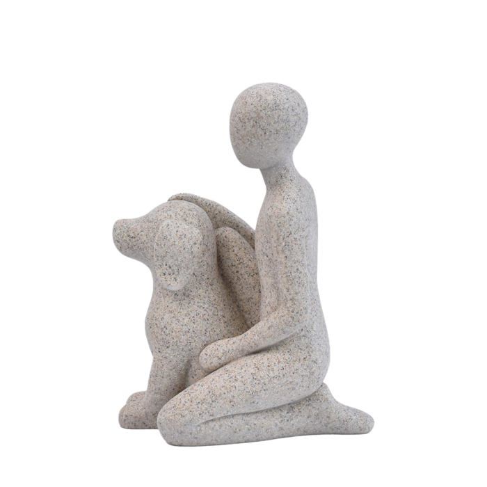 Sculpture - SONGHUI - Figurine Personne & Chien - 133 cm - Finition pierre mouchetée granit - Décor intérieur