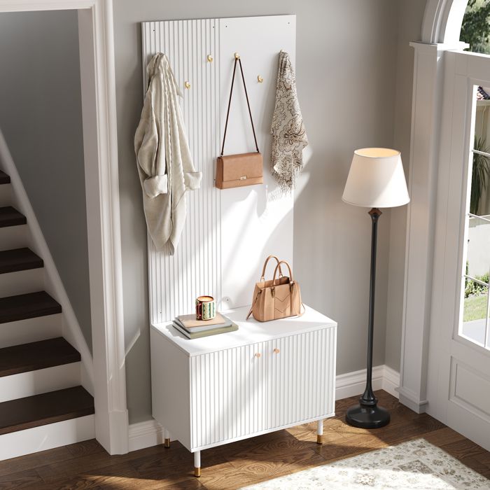 Armoire Combinée Entrée avec Penderie et Rangement Chaussures Blanc Texturé 6 Crochets Dorés 2 Portes Pieds Métal 70x35x180cm