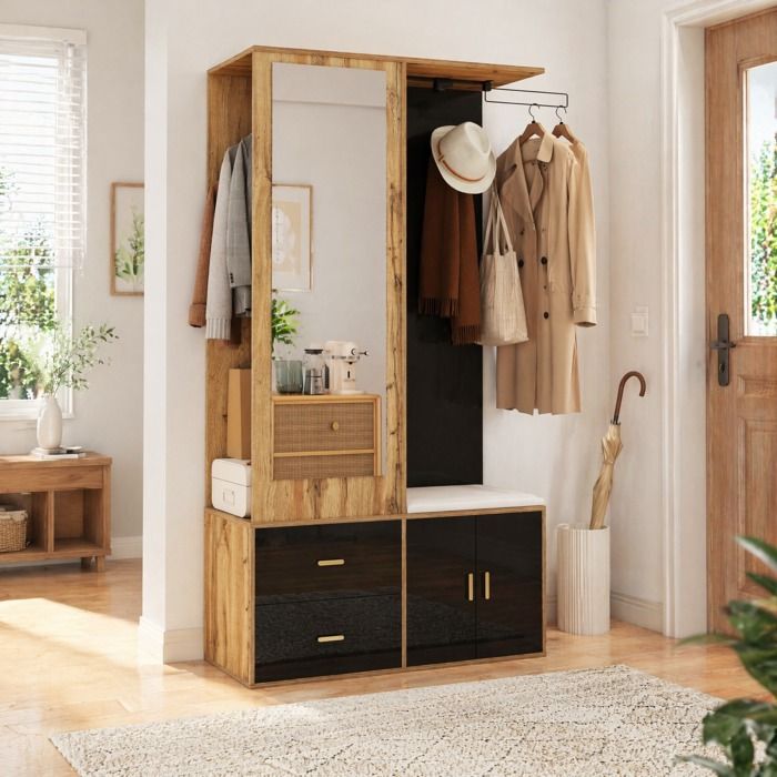 WUVRIE Vestiaire d’entrée 100 x 38 x 180 cm avec miroir banc à chaussures 2 tiroirs 2 portes noir et décor bois