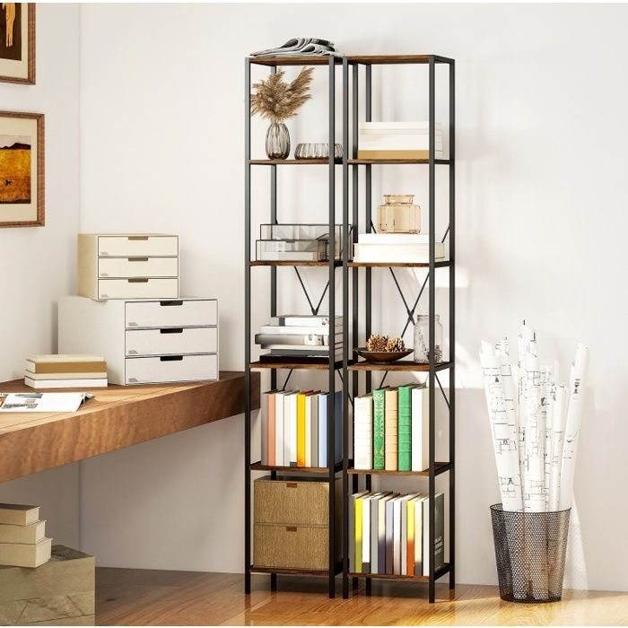 Bibliothèque lot de 2 6 niveaux en acier carbone étagères ouvertes - YEAVIO - salon bureau chambre marron rustique