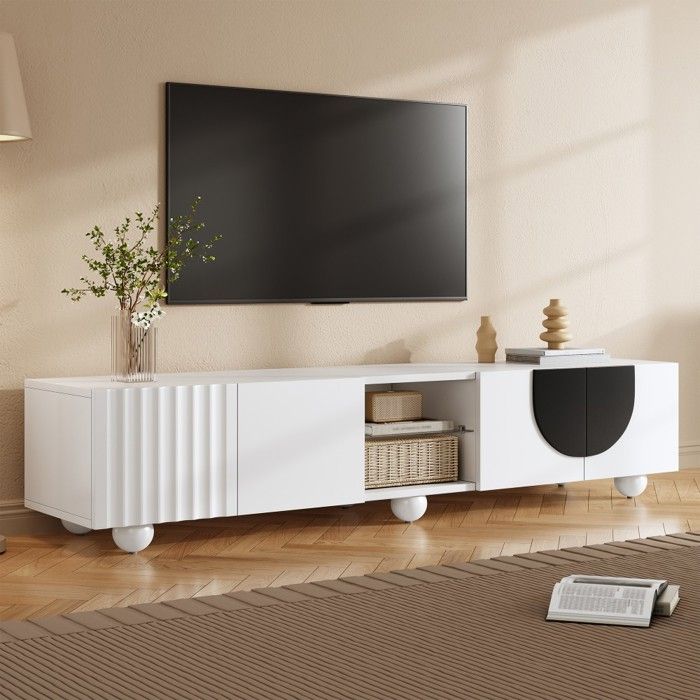 Meuble TV Support Intégré-Panneau Intégré-Rangement-Design Épuré-Moderne-Blanc-180x40x41.5cm-Gain dEspace-Salon