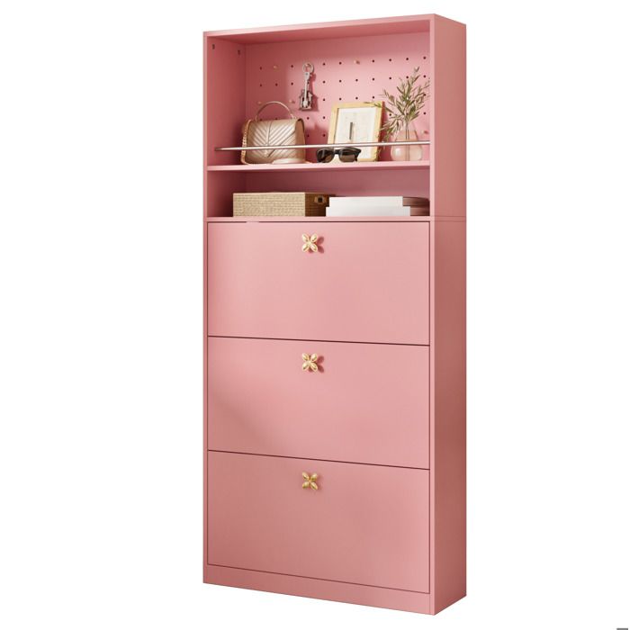 Meuble a chaussures etroit 80 x 24 x 1785 cm en panneaux de particules rose 3 abattants 2 niches panneau perfore
