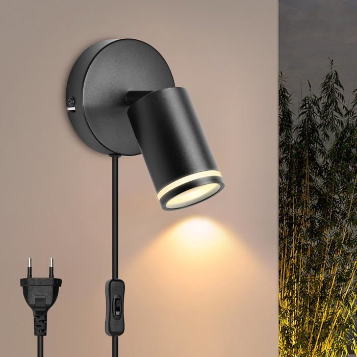 Indoor Wall Light Switch Socket - LED Lamp Cable Black 350° GU10 Living Room Bedroom