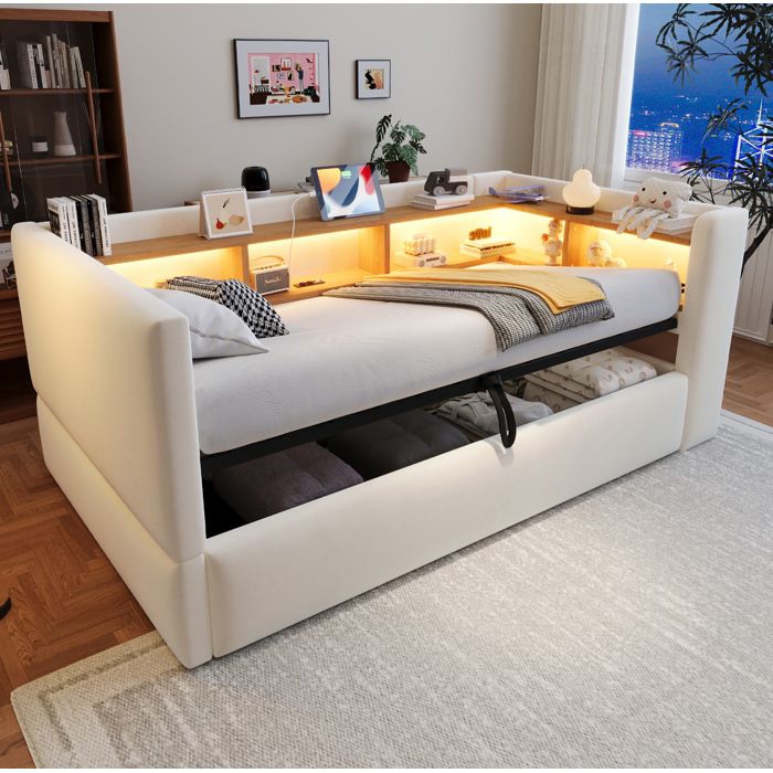 ELVORIN Sommier coffre lit 1 place 90 x 190 cm beige LED intégrées prise intégrée rangements multiples