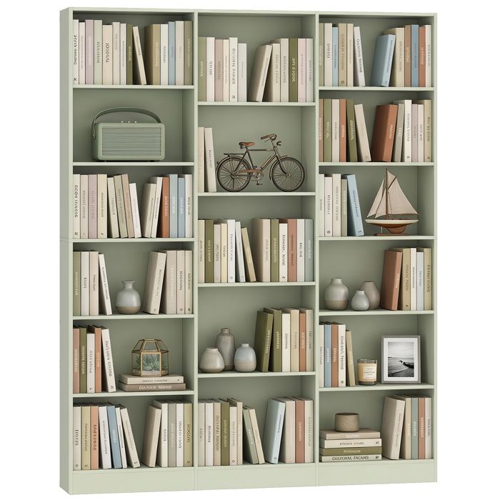 Bibliothèque - HOMCOM - 6 niveaux - 17 compartiments - étagères réglables - bois - 149 x 23 6 x 188 cm - vert