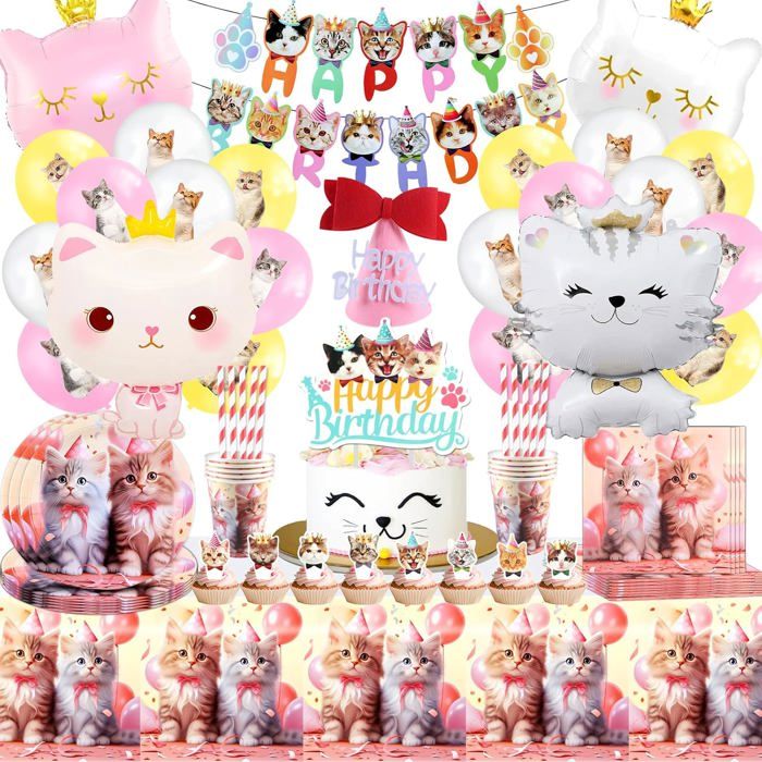 Chat Décoration Anniversaire Enfant - Set 103 Pièces Avec Ballons Vaisselle Assiette Nappe Tasse Serviette - Thème Chats Pour