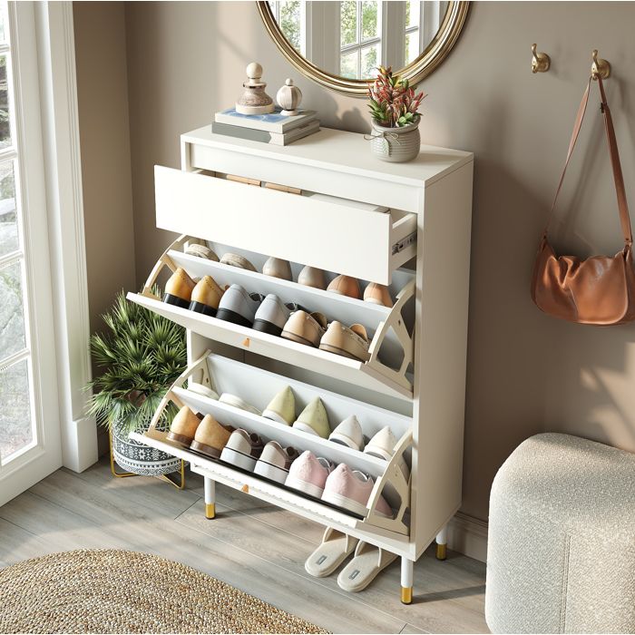 Meuble à chaussures étroit 65 x 24 x 104 cm avec tiroir et 2 abattants MDF et panneaux de particules blanc