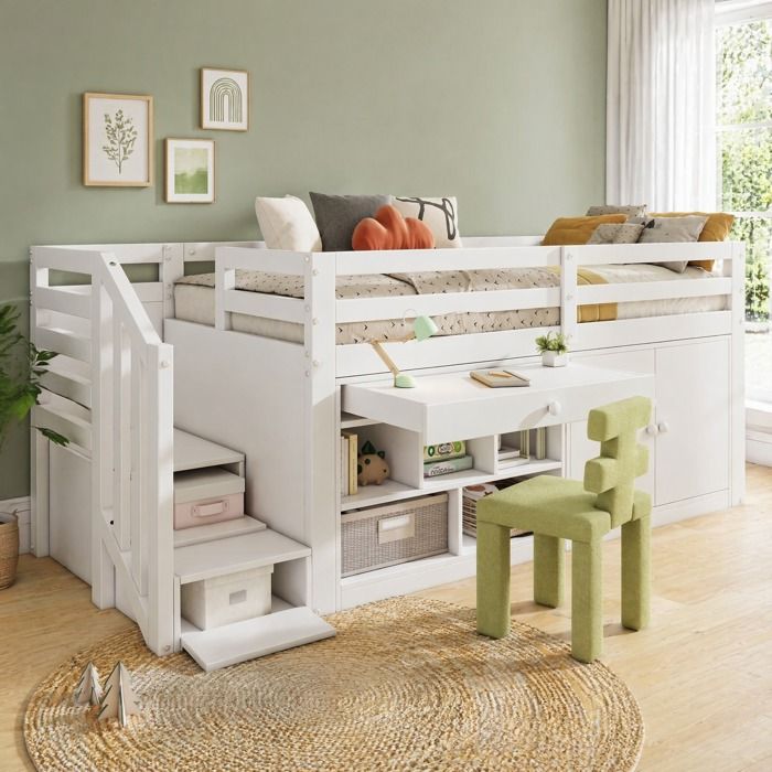 Lit combiné enfant 90x200 AESVAR blanc avec escalier réversible rangements et bureau intégré