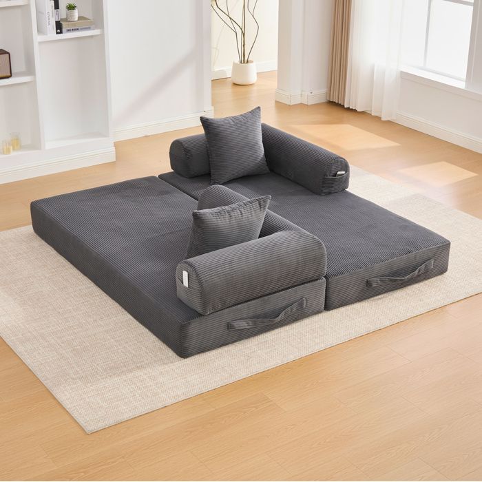 Canapé modulable compressé 3 places en corduroy gris foncé structure métal 3 coussins pochette latérale VEVXYN