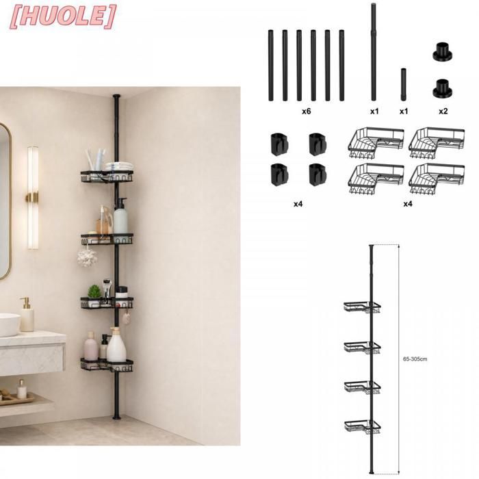HUOLE - Étagère de salle de bain en acier inoxydable à quatre niveaux - hauteur réglable sans montage sans perçage - noir