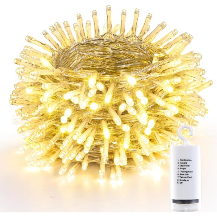 Guirlande Lumineuse Extérieure à Pile 20M 200LED Blanc Chaud 8 Modes Étanche pour Intérieur Mariage Fête Minuterie