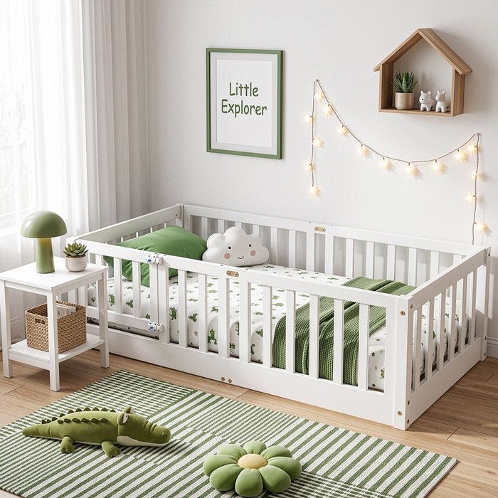 Lit enfant 80x160 cm avec barrière de sécurité et porte – Sommier à lattes inclus – Blanc Lit enfant 80x160 cm avec barrière de sécurité et porte – Sommier à lattes inclus – Blanc