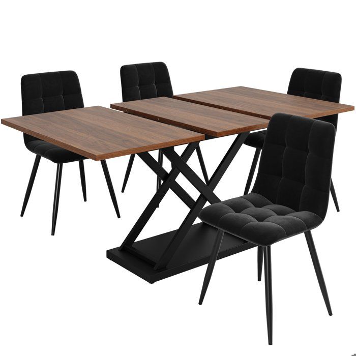 Ensemble de salle à manger ensemble avec table à rallonges 4 chaises chaises en velours noir couleur noyer 160 × 80 × 75 cm