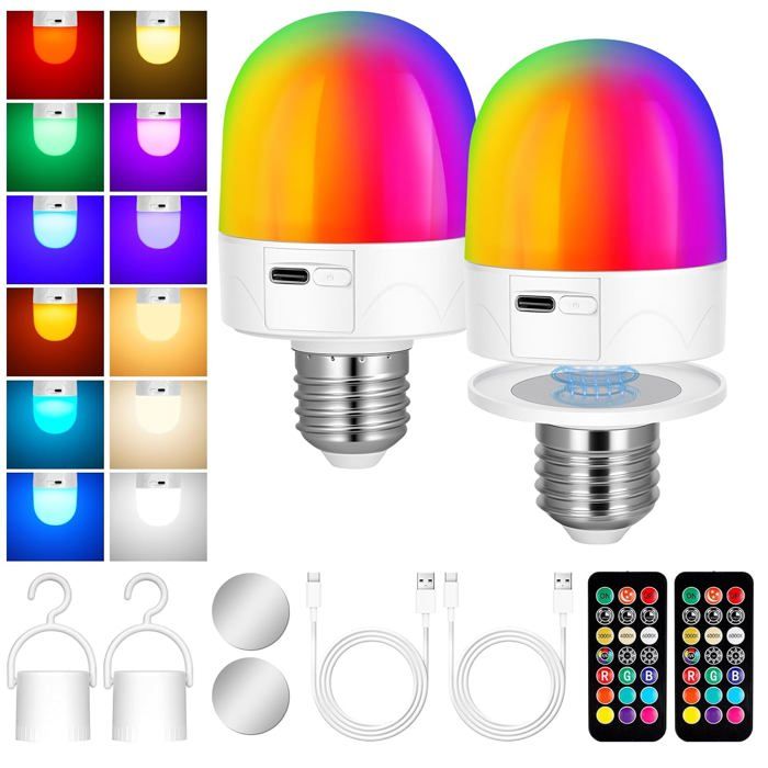 Ampoule LED rechargeable E27 lot de 2 RGB magnétique USB-C intensité variable 3 températures 3000K/4000K/6000K télécommande