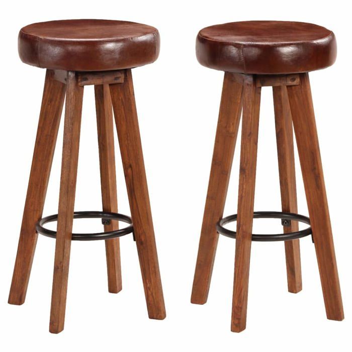 Lot de deux tabourets de bar design chaise siège bois dacacia cuir véritable 1202112