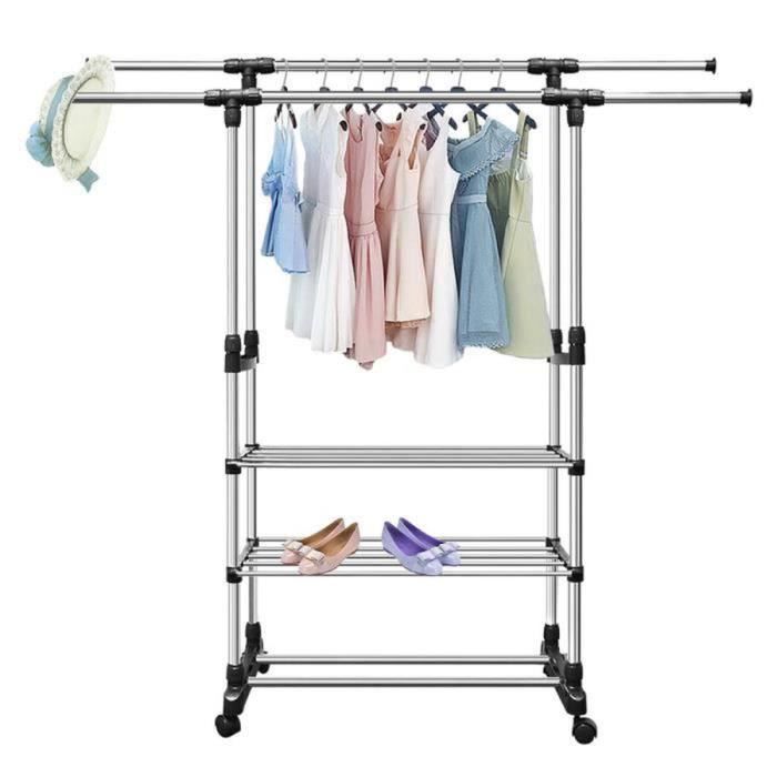 Portant à vêtement réglable en acier inoxydable penderie vetement extensible Double tringle avec roulettes et 3 étagère de