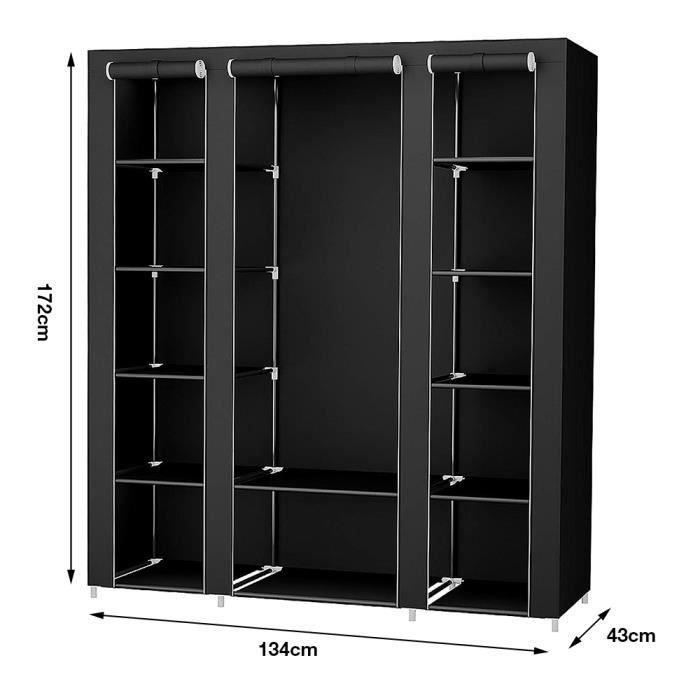armoire de rangement popsmit - tissu - noir 43 x 134 x 172cm - 3 portes - métal - contemporain