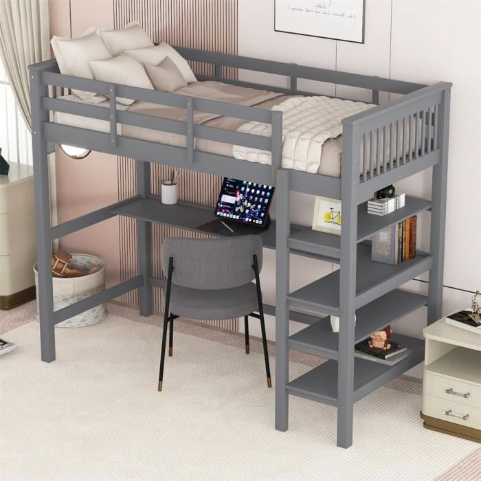 DRIPEX Lit Surélevé 90 x 200cm avec étagères de rangement Lit avec Bureau et et étagères pour enfants étudiants jeunes Gris