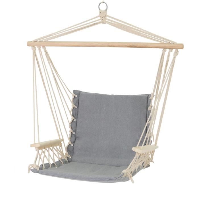 ecd germany chaise suspendue - fauteuil avec 2 accoudoirs en bois et coussin d'assise en coton - chargeable jusqu'à 120 kg - gris