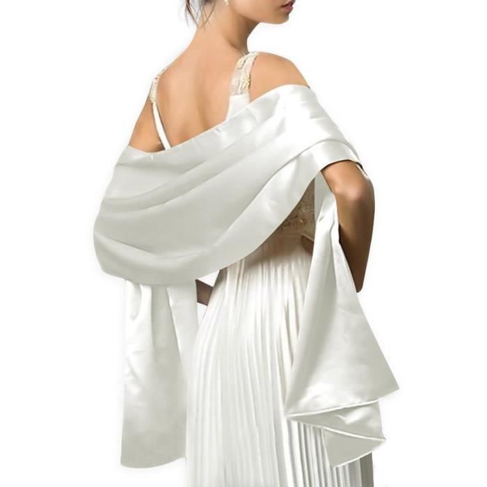 écharpe femme châle foulard étole pashmina en satin unicolore elegant soirée bal mariage cadeau grande taille 240x70cm blanc