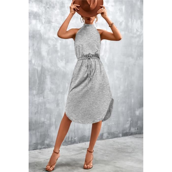 KJEHOME Robe femme couleur unie col licou dos ouvert taille élastique ...