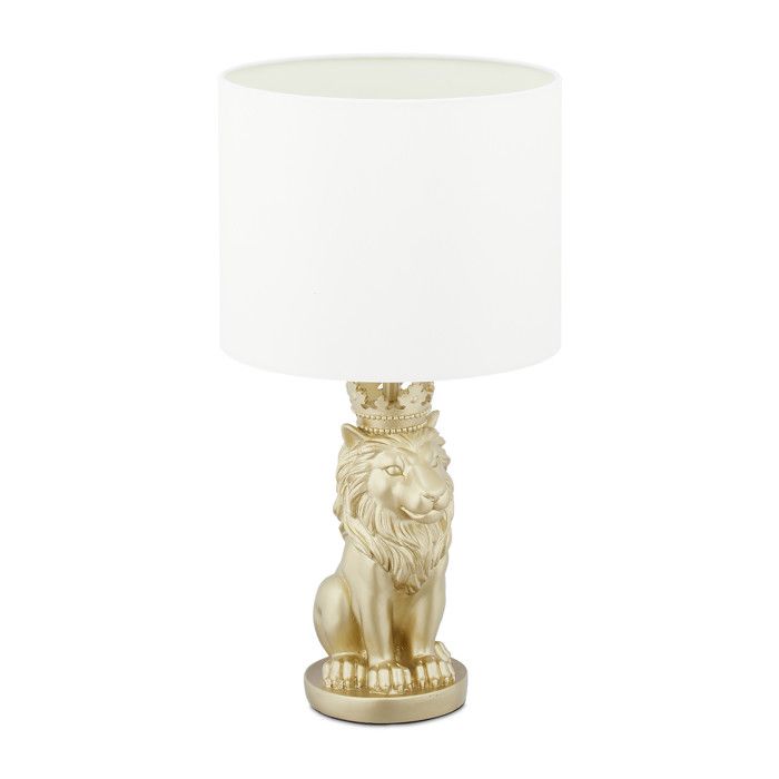 Relaxdays Lampe de table lion veilleuse avec abat-jour tissu E27 belle lampe de chevet HxD 47 5 x 25 cm blanc/or
