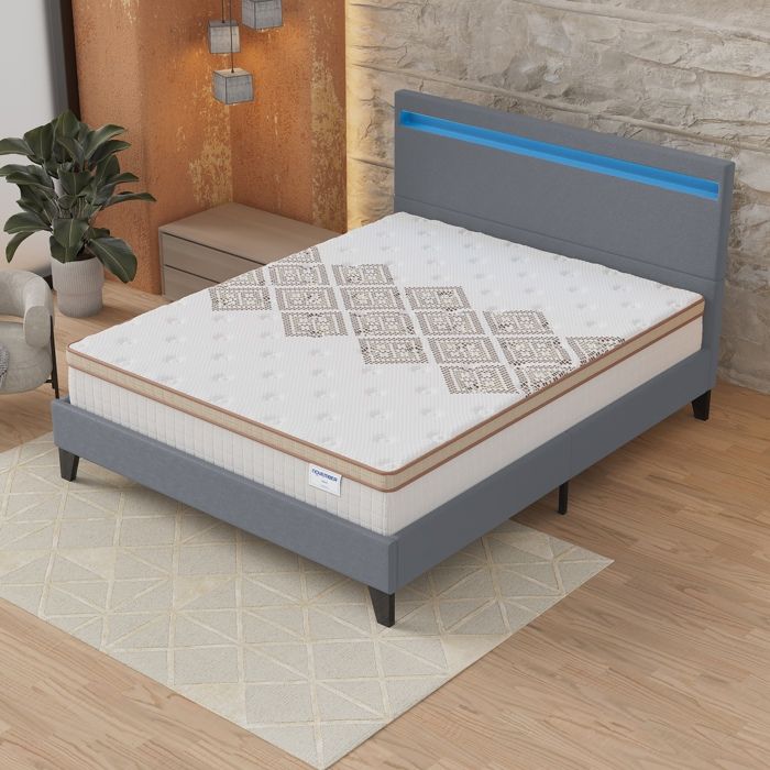 Ensemble MATELAS + LIT (160x200cm)- Errakis 28cm Ressorts ensachés & Mousse HDensité + Sommier stable & tête de lit LED Gris