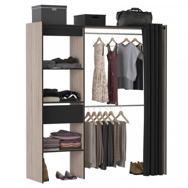 Dressing DRESS - Penderie 2 barres + 3 niches + 1 étagère + 1 tiroir -  Blanc et chêne - L 158x H187x P40 cm - Achat & prix