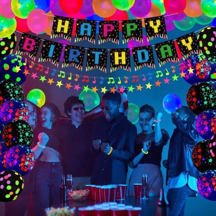 97 Pcs Glow Party Supplies Set Glow In The Dark Birthday Banner Uv Black Light Reactive Cake Topper Swirls Glow Ballons Etoil N9044 Cdiscount Maison