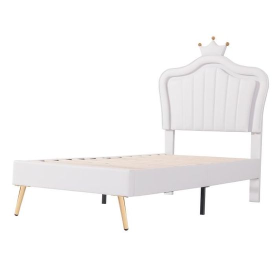 Lit Fille 90x200 Avec Tête De Lit Nuage Couronne LED - Velours Rose, Réglable, Sans Matelas - Chambre Princesse