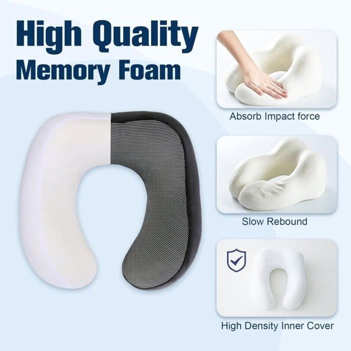Oreiller De Voyage Mousse Mémoire Ergonomique – Coussin Nuque Avion Avec Masque + Bouchons + Sac, Gris