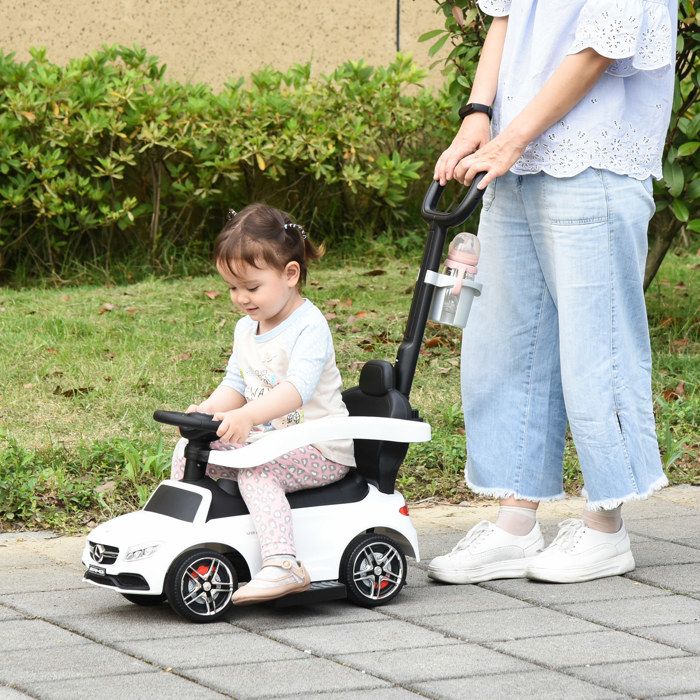 Homcom - Porteur enfants voiture enfant multi-équipée 12-36 mois klaxon  marche-pieds, garde-corps et ombrelle blanc